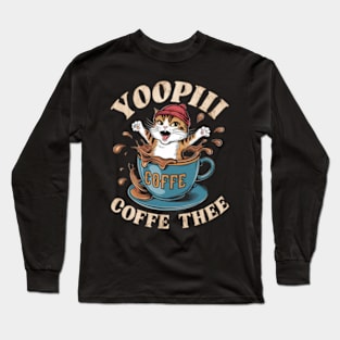 A hilarious and vibrant vintage-inspired illustration of an adorable cat wearing a red beanie, sitting inside a coffee cup that's spilling coffee. (2) Long Sleeve T-Shirt